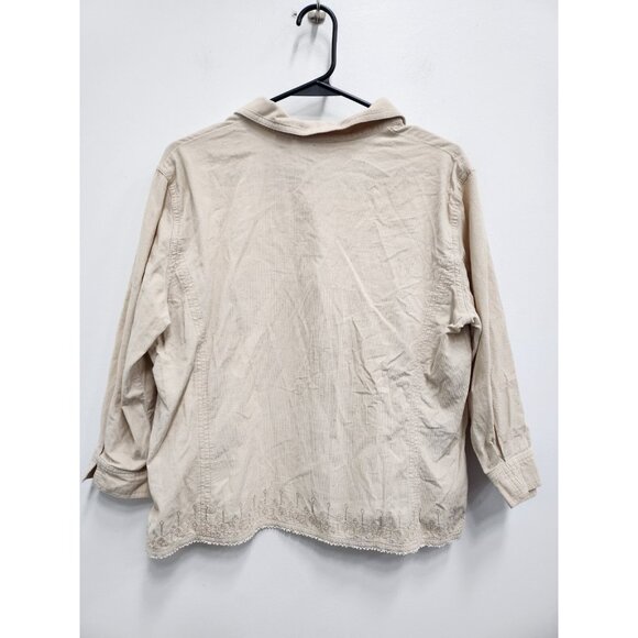 J. Jilll Womemns Corduroy Shirt Medium Beige Embroidered Button Up BOHO Neutral - Picture 7 of 9